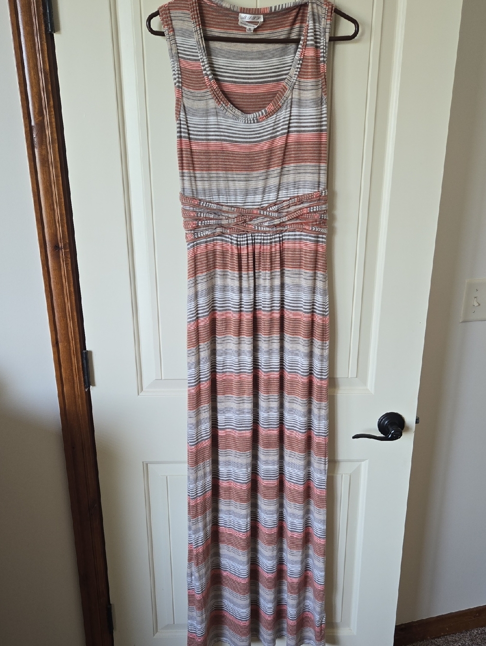 Sleeveless Coral and Gray Striped Maxi Dress with Braided Waist Detail